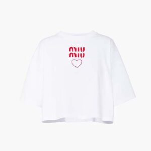 Miu Miu Women Embroidered Cotton Jersey T-shirt with Contrasting Logo-White