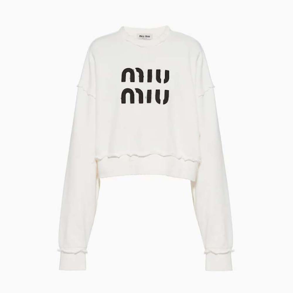 Miu Miu Women Cotton Embroidered Sweatshirt with Crystals-White