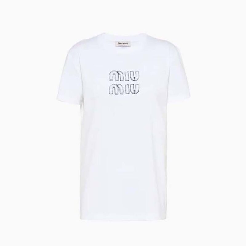 Miu Miu Women Embroidered Cotton T-shirt with Embroidered Logo-White