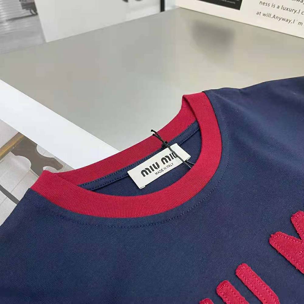 Miu Miu Women Jersey T-shirt with Embroidered Logo-Navy 4 Miu Miu Women Jersey T-shirt with Embroidered Logo-Navy - Image 4