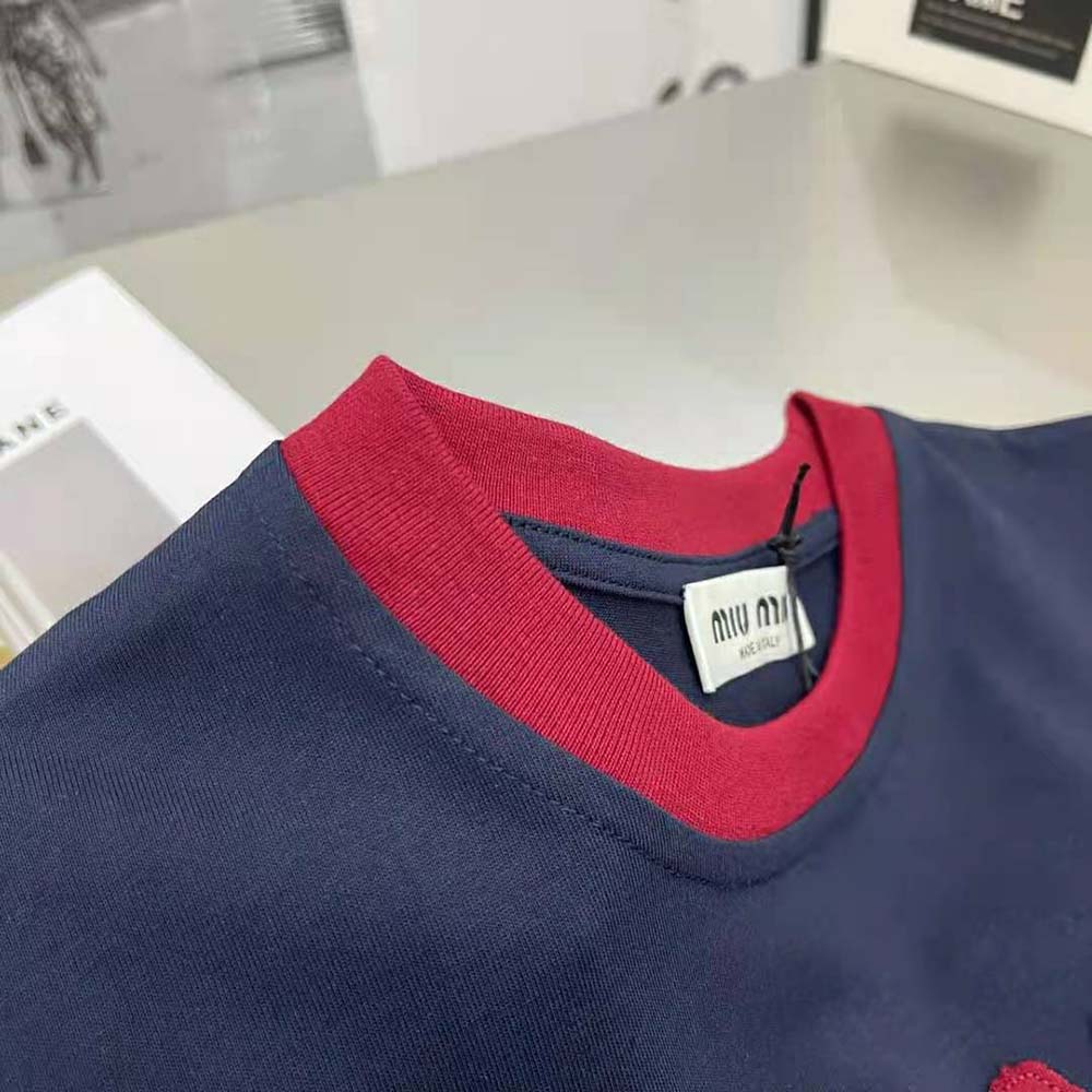 Miu Miu Women Jersey T-shirt with Embroidered Logo-Navy 6 Miu Miu Women Jersey T-shirt with Embroidered Logo-Navy - Image 6