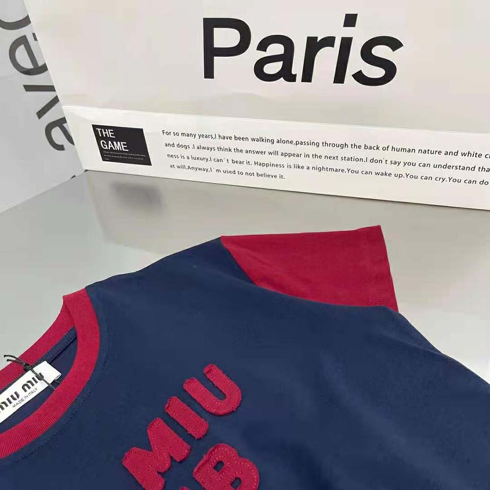 Miu Miu Women Jersey T-shirt with Embroidered Logo-Navy 7 Miu Miu Women Jersey T-shirt with Embroidered Logo-Navy - Image 7