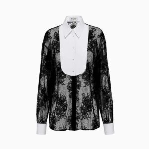 Miu Miu Women Lace Shirt with Knit Logo Label-Black