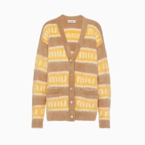 Miu Miu Women Oversized Mohair Cardigan with Intarsia Logo-Yellow