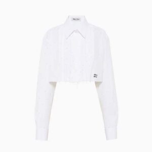 Miu Miu Women Poplin Shirt with Embroidered Logo-White