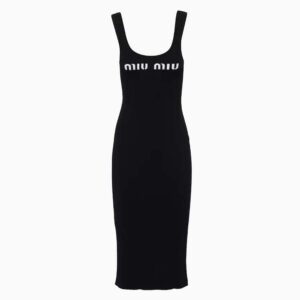 Miu Miu Women Viscose Dress with Intarsia Logo-Black