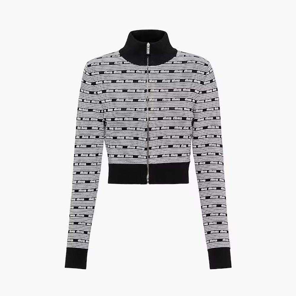 Miu Miu Women Viscose Turtleneck Cardigan with Jacquard Logo-Black 1 Miu Miu Women Viscose Turtleneck Cardigan with Jacquard Logo-Black