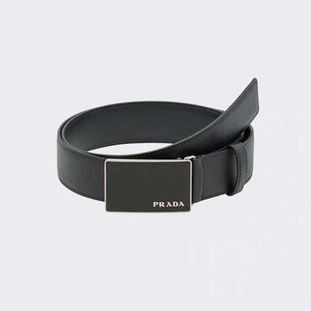 Prada Men Saffiano Leather Belt With Metal Lettering Logo Black