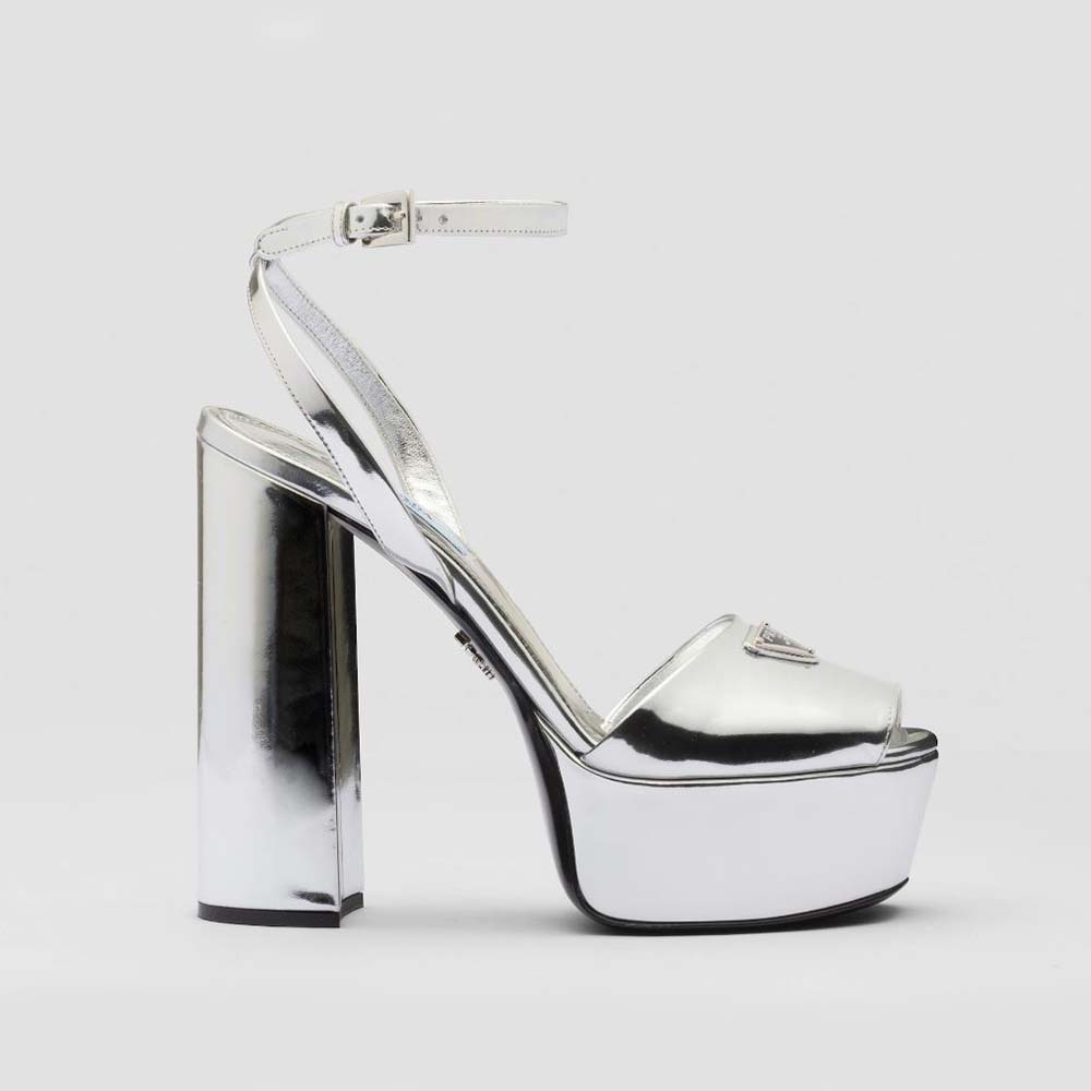Prada Women Metallic Leather Platform Sandals-Silver