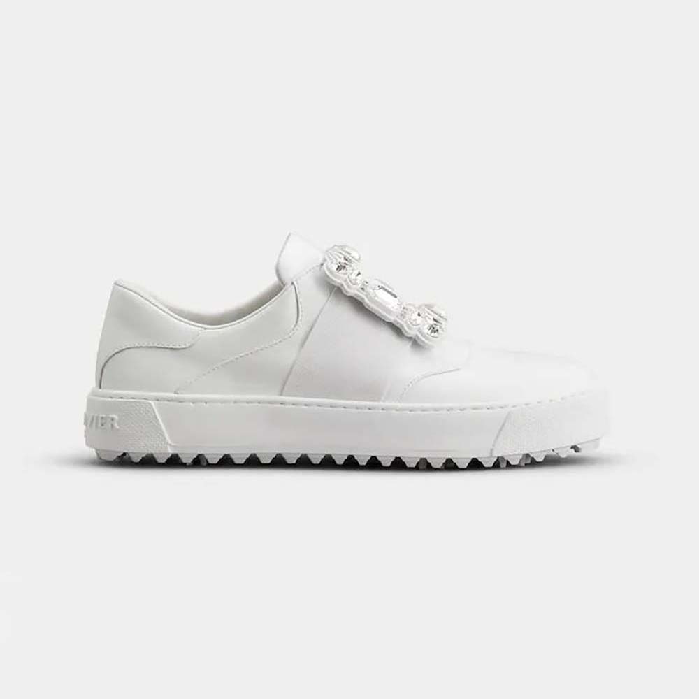 VIV' GO-THICK STRASS BUCKLE SLIP-ON SNEAKERS IN WHITE CANVAS