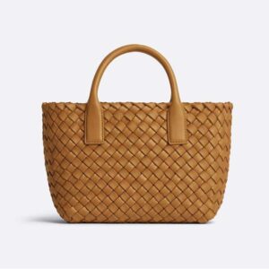 Bottega Veneta Women Mini Cabat Intreccio Leather Tote Bag with Detachable Strap-Brown