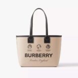 Burberry Women Label Print Cotton and Leather Small London Tote Bag