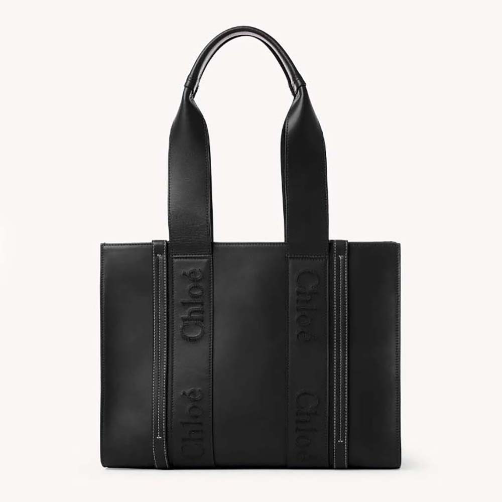 Chloe Women Medium Woody Tote Bag with Embroidered Chloé Logo-Black