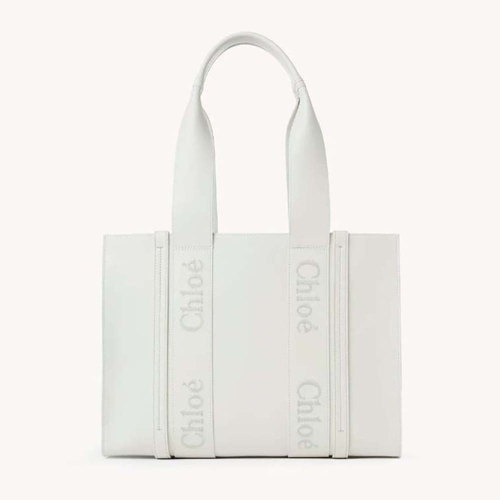 Chloe Women Medium Woody Tote Bag with Embroidered Chloé Logo-White