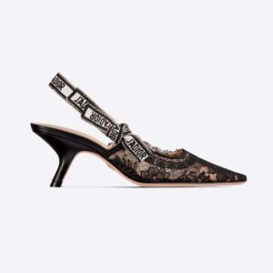 Dior Women J'Adior Slingback Pump Black Transparent Mesh Embroidered with Dior Roses Motif