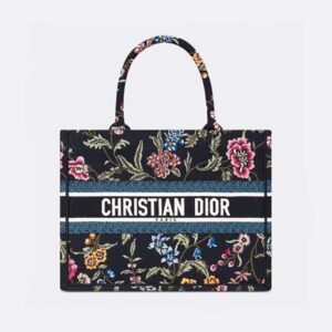 Dior Women Medium Dior Book Tote Black Multicolor Dior Petites Fleurs Embroidery