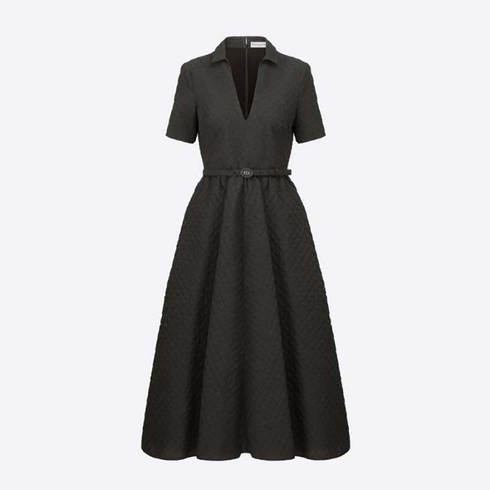 Dior Women Mid-Length Belted Dress Black Matte Cloqué Technical Fabric 1 Dior Women Mid-Length Belted Dress Black Matte Cloqué Technical Fabric
