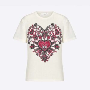 Dior Women T-Shirt Ecru Cotton Jersey and Linen with Dior Bandana Motif