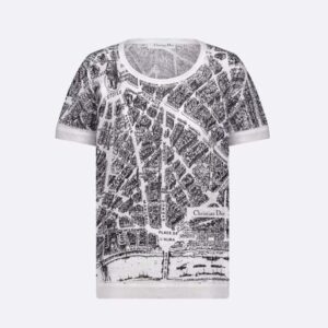 Dior Women T-shirt White and Black Linen, Cashmere and Silk Knit with Plan de Paris Motif