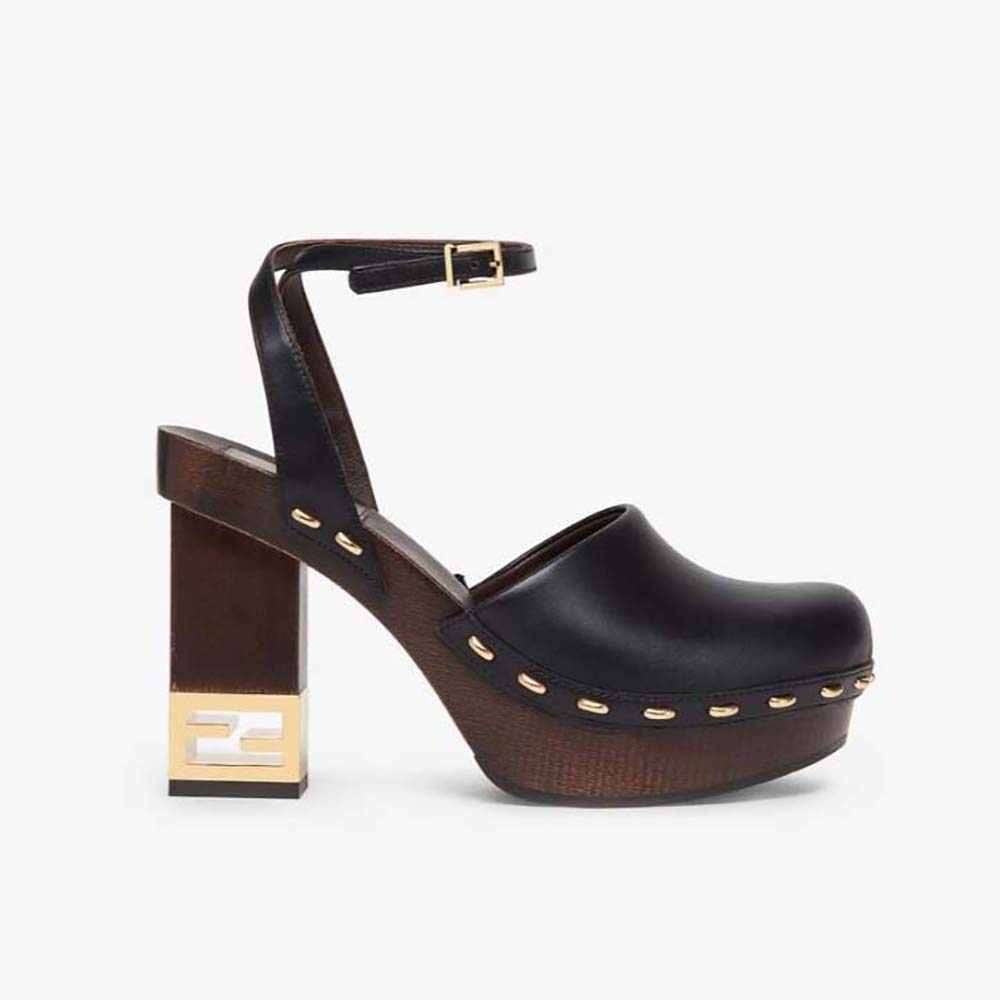 Fendi Women Baguette Show Black Leather High-Heeled Clogs