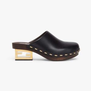 Fendi Women Baguette Show Black Leather Medium-Heel Clogs