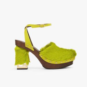 Fendi Women Baguette Show Green Pony Hair High-Heeled Clogs