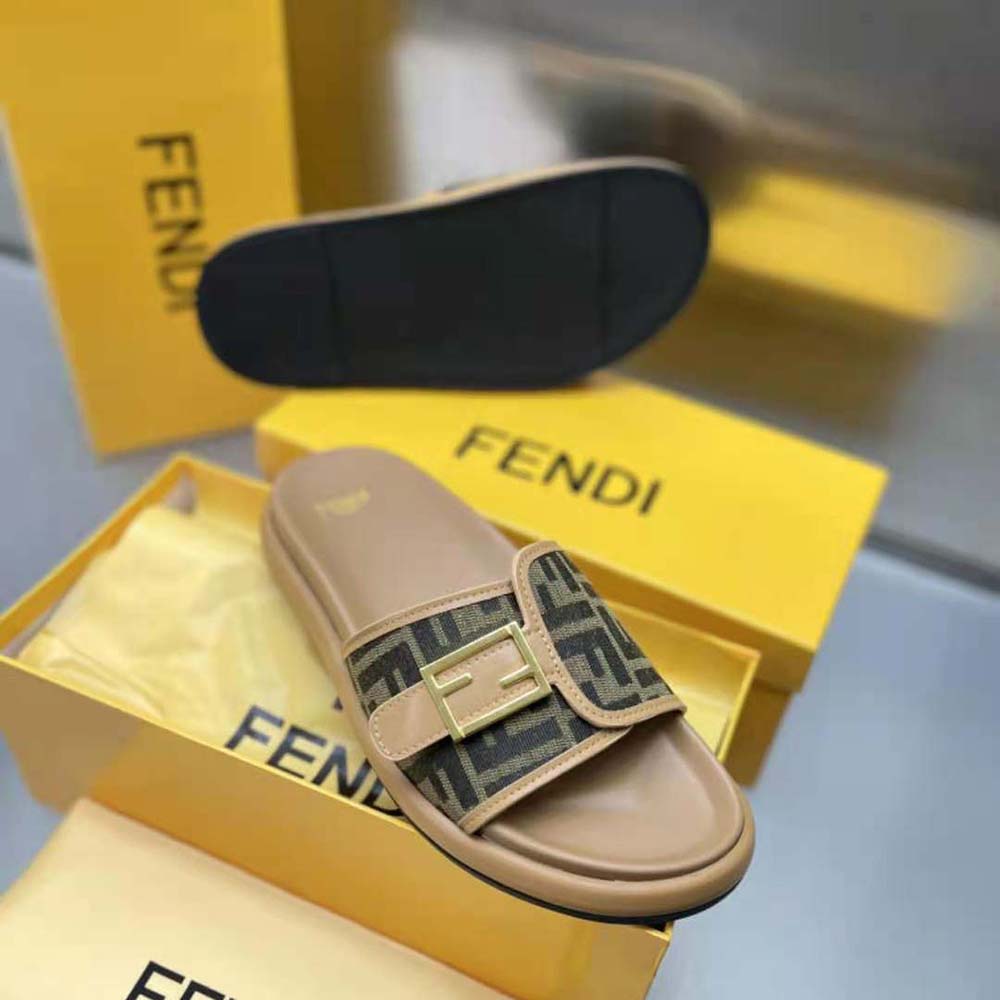 Fendi Women Feel Brown Fabric Slides