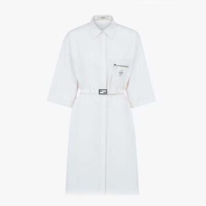 Fendi Women White Cotton Dress with Pointed Collar and Wide Elbow-Length Sleeves