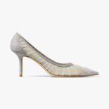 Jimmy Choo Women Love 65 Metallic Silver Glitter Fabric Pumps with Ivory Tulle Overlay