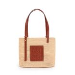 Loewe Women Small Square Basket Bag in Raffia and Calfskin-Brown
