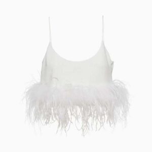 Miu Miu Women Stretch Cady Top with Feathers-White
