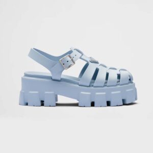 Prada Women Foam Rubber Sandals with Enameled Metal Triangle Logo-Blue