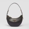Prada Women Leather Shoulder Bag with Enameled Metal Triangle Logo-Black