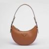 Prada Women Leather Shoulder Bag with Enameled Metal Triangle Logo-Brown