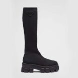 Prada Women Monolith Knit Boots with Embossed Rubber Triangle Logo