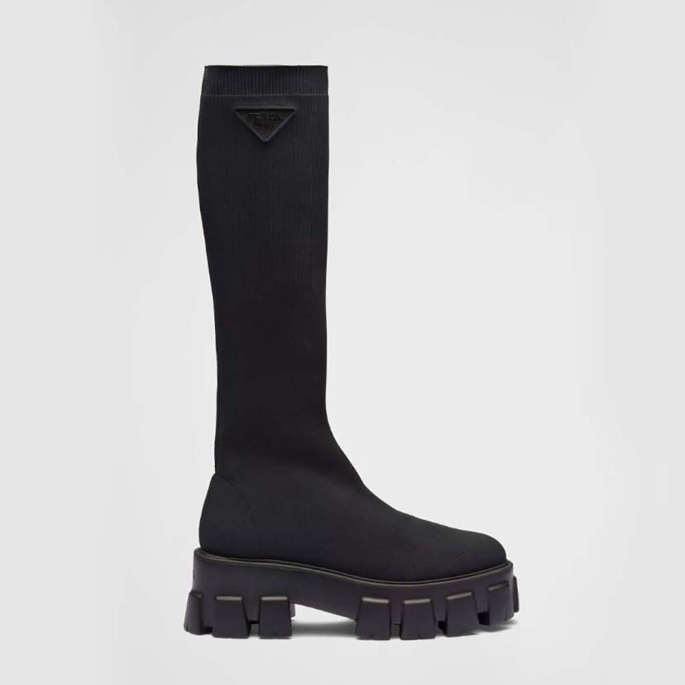 Prada Women Monolith Knit Booties with Embossed Rubber Triangle Logo