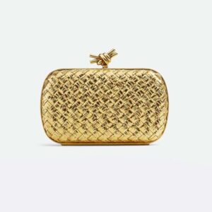 Bottega Veneta Women Knot Pressed Intreccio Laminated Leather Minaudiere-Gold