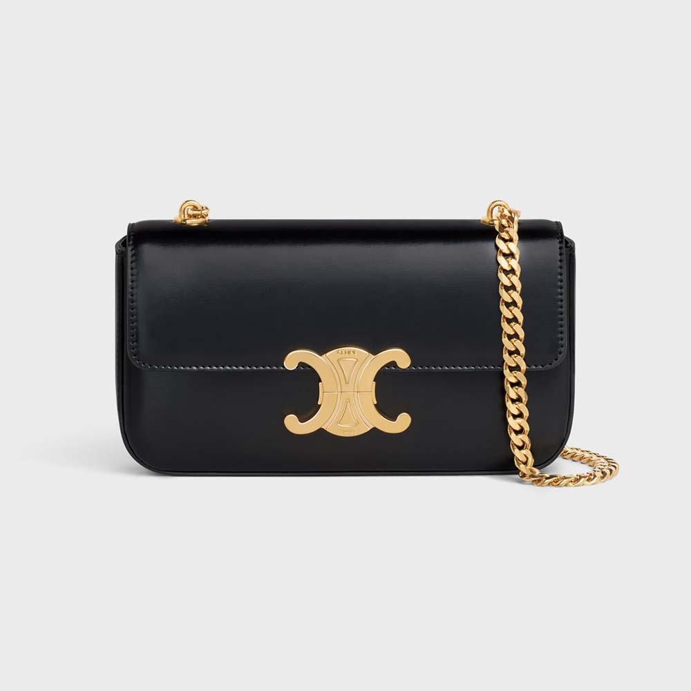 Celine Women Chain Shoulder Bag Triomphe in Shiny Calfskin-Black