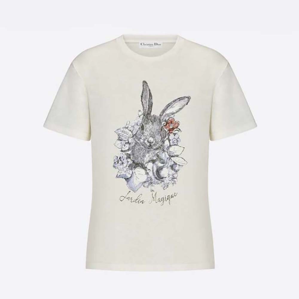 Dior Women T-shirt Ecru Cotton Jersey and Linen with Dior Jardin 