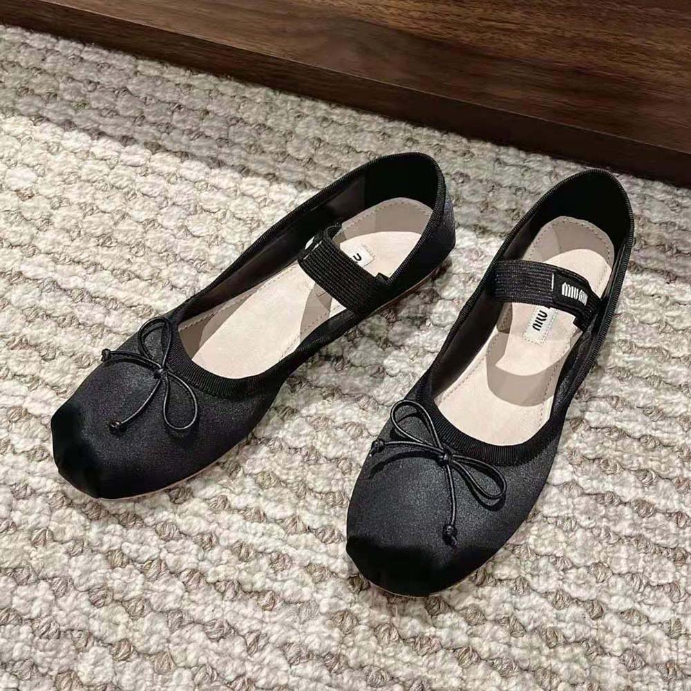 Miu Miu Women Satin Ballerinas with Knit Logo Label-Black 2 Miu Miu Women Satin Ballerinas with Knit Logo Label-Black - Image 2