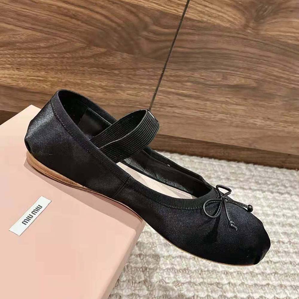Miu Miu Women Satin Ballerinas with Knit Logo Label-Black 4 Miu Miu Women Satin Ballerinas with Knit Logo Label-Black - Image 4