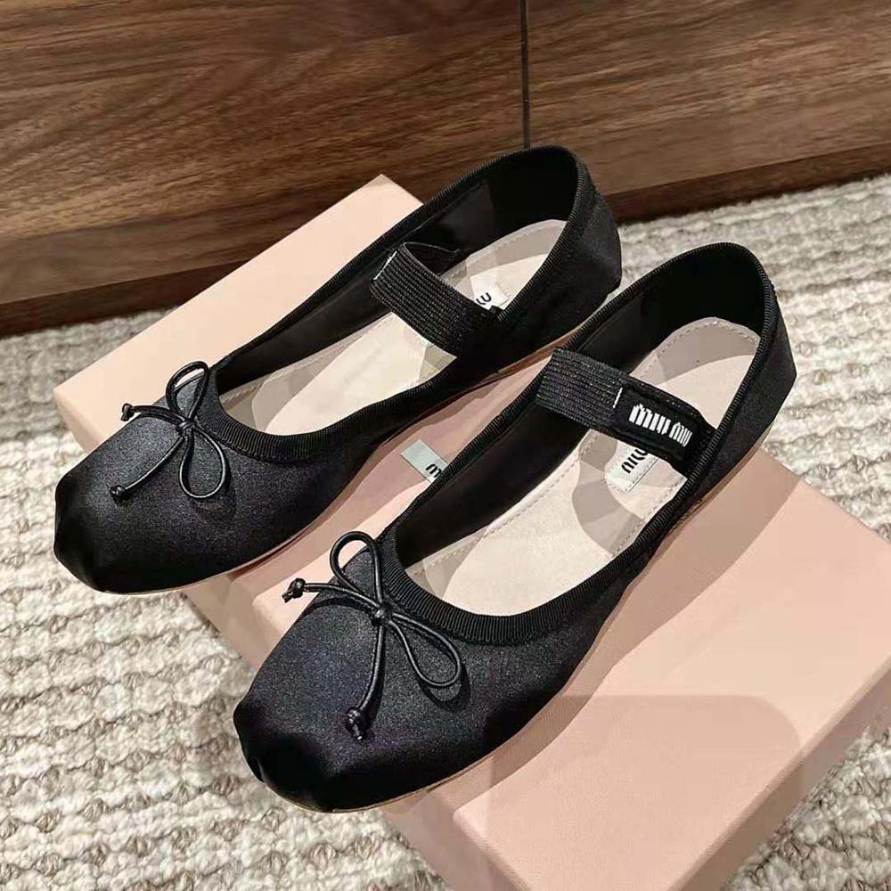 Miu Miu Women Satin Ballerinas with Knit Logo Label-Black 3 Miu Miu Women Satin Ballerinas with Knit Logo Label-Black - Image 3