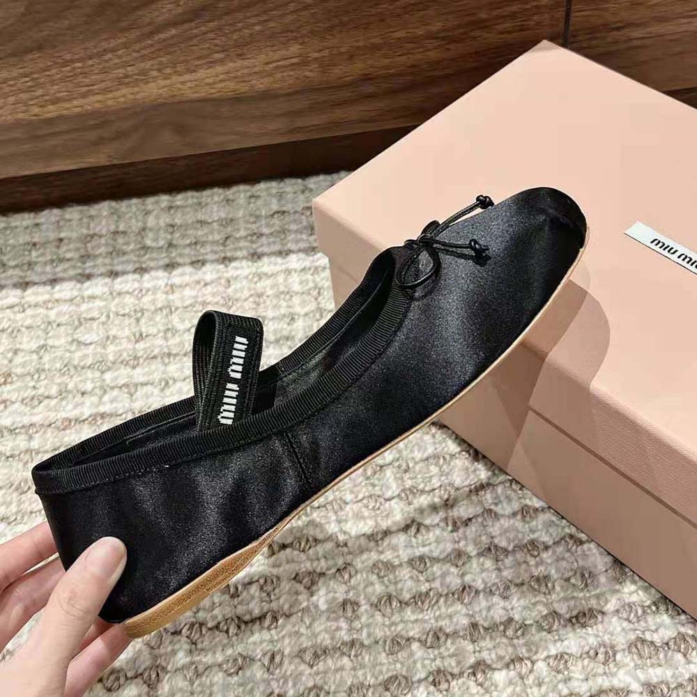 Miu Miu Women Satin Ballerinas with Knit Logo Label-Black 5 Miu Miu Women Satin Ballerinas with Knit Logo Label-Black - Image 5