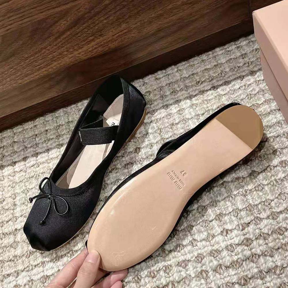 Miu Miu Women Satin Ballerinas with Knit Logo Label-Black 9 Miu Miu Women Satin Ballerinas with Knit Logo Label-Black - Image 9