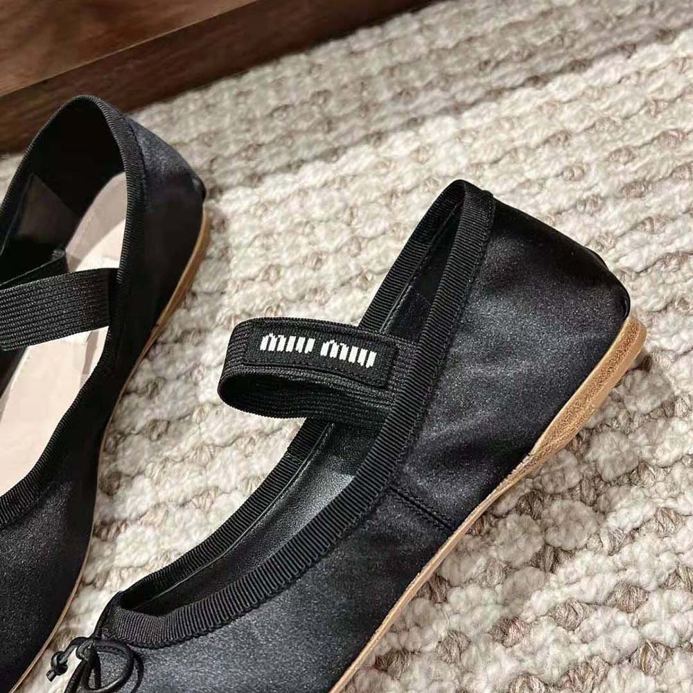 Miu Miu Women Satin Ballerinas with Knit Logo Label-Black 8 Miu Miu Women Satin Ballerinas with Knit Logo Label-Black - Image 8