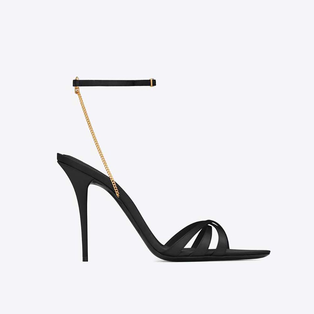 Saint Laurent YSL Women Melody Sandals in Crepe Satin-Black