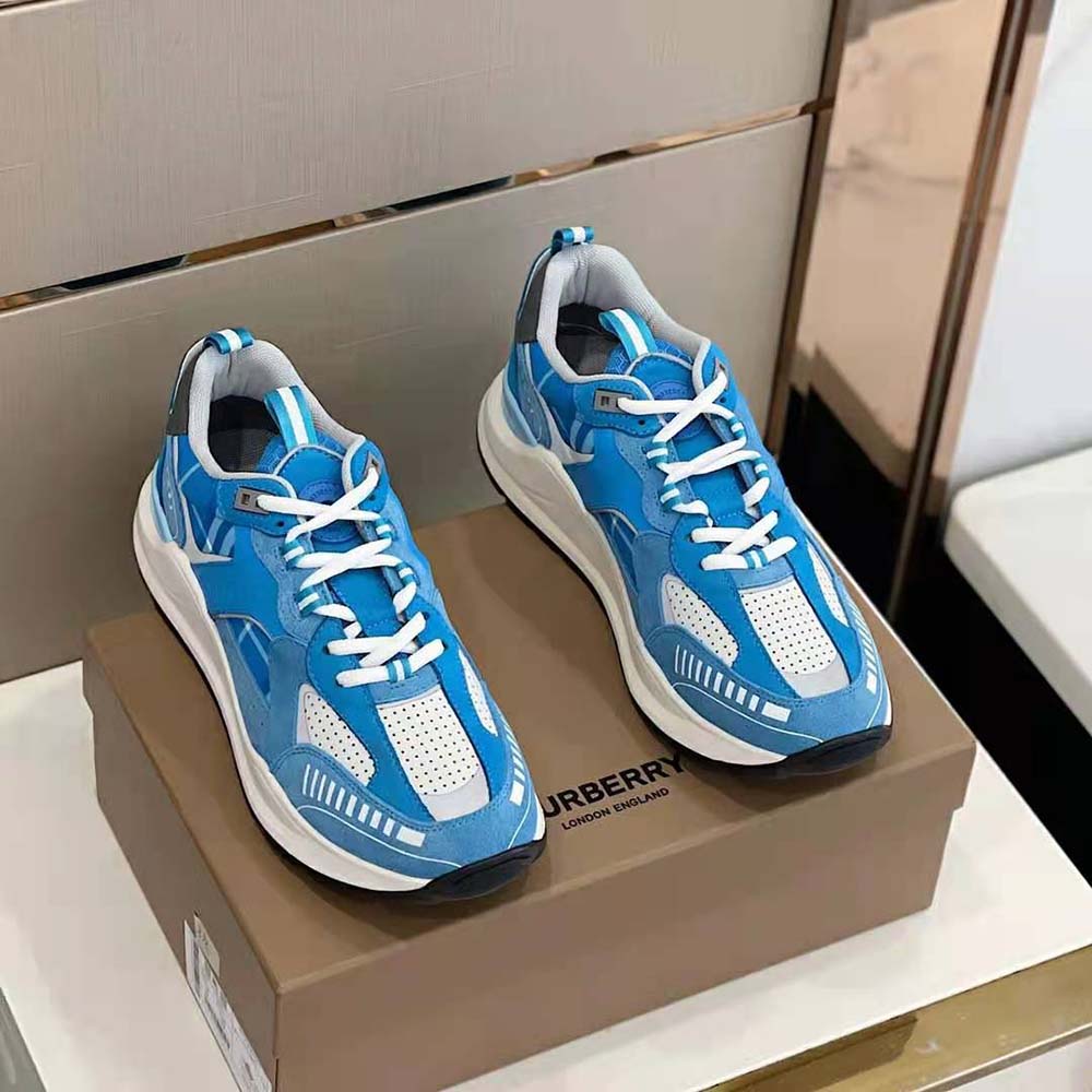 Burberry Men Leather Suede and Check Sneakers-Blue 5 Burberry Men Leather Suede and Check Sneakers-Blue - Image 5