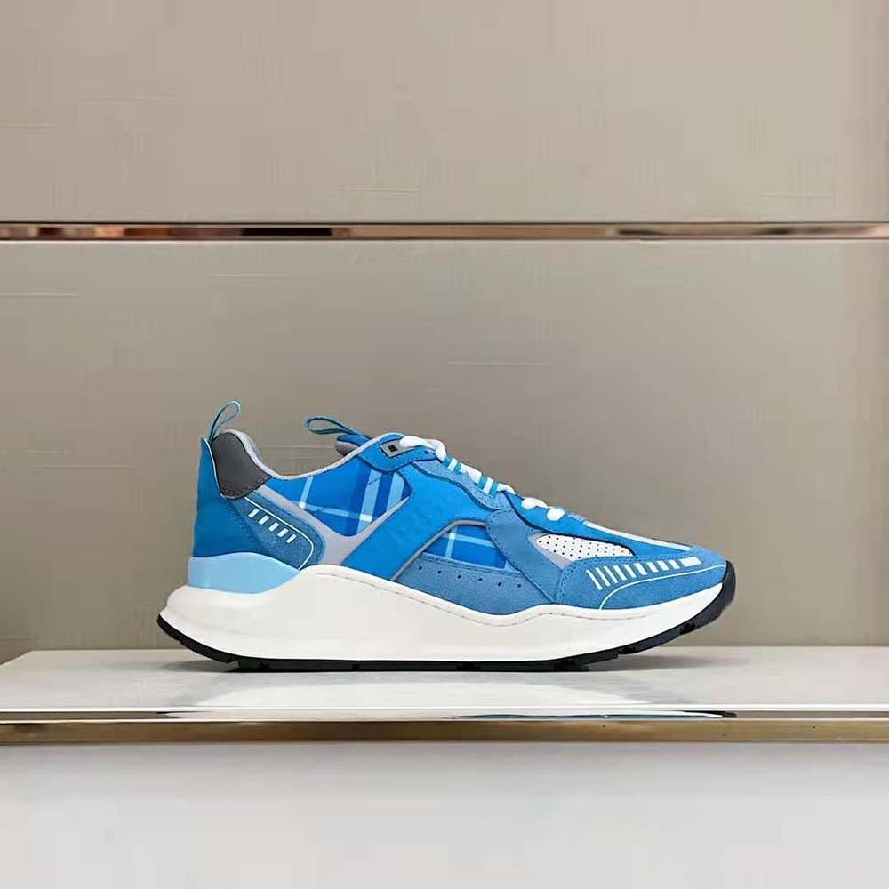Burberry Men Leather Suede and Check Sneakers-Blue 2 Burberry Men Leather Suede and Check Sneakers-Blue - Image 2