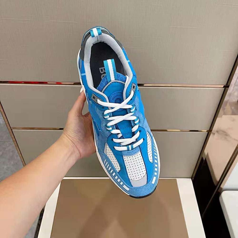 Burberry Men Leather Suede and Check Sneakers-Blue 4 Burberry Men Leather Suede and Check Sneakers-Blue - Image 4