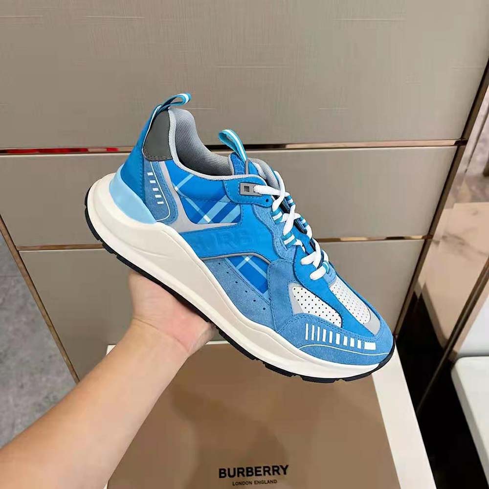Burberry Men Leather Suede and Check Sneakers-Blue 3 Burberry Men Leather Suede and Check Sneakers-Blue - Image 3